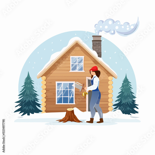 A woman chopping wood outside a snowy cabin on a winter day.