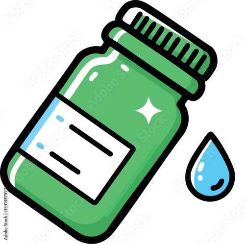 Green medicine bottle with water drop icon vector illustration for health and wellness designs 