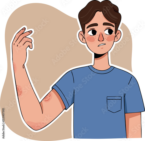 Young man with skin rash on arm in blue shirt vector illustration portrait 