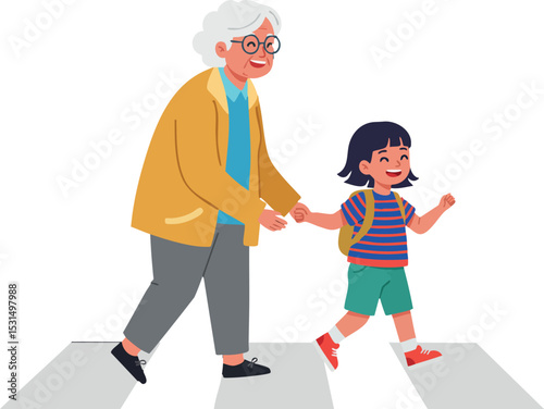 Elderly woman holding hand of young girl walking on pedestrian crossing vector illustration 