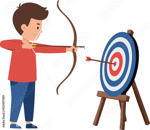 Boy practicing archery with bow and arrow hitting target center vector illustration 