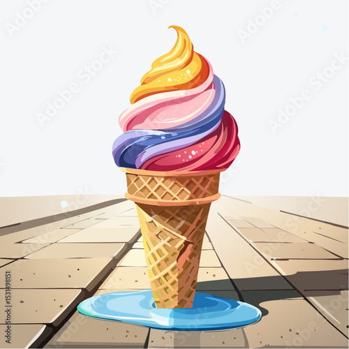 Colorful ice cream cone on a wooden walkway with melted ice cream.