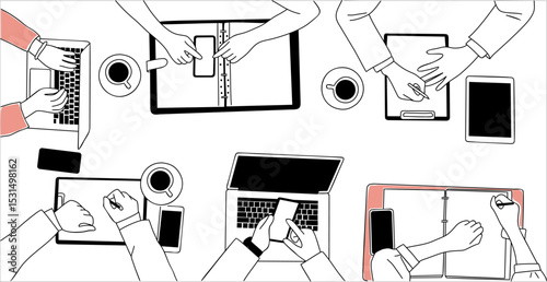 Diverse group of people sitting around table with laptops, tablet, computer. Business team working together. Flat vector illustration isolated on white background