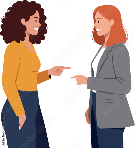 Two women communicating and pointing fingers in casual conversation vector illustration 