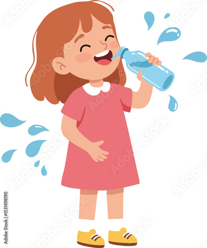 Little girl drinking water happily with splashes wearing pink dress and yellow shoes vector illustration 