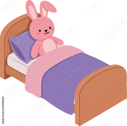 Pink Bunny Toy Sitting on Bed with Purple and Pink Bedding Vector Illustration 