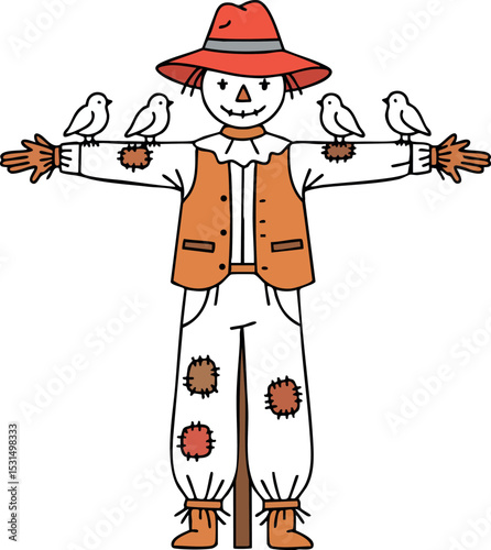 Scarecrow with birds wearing red hat and patched clothes vector illustration friendly autumn theme 