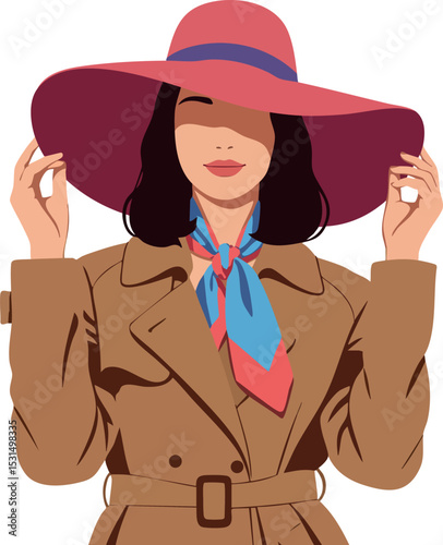 Woman wearing large red hat and brown trench coat holding hat edges vector illustration 
