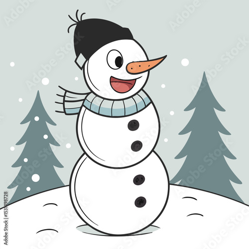 A vector of snowman with carrot nose and excited eyes