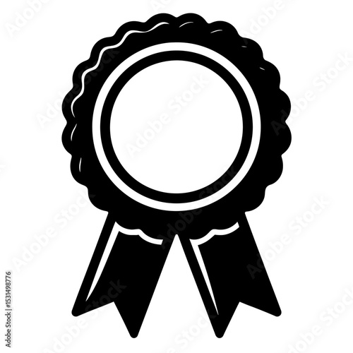 Solid Black and White Award Badge with Ribbon - Vector Symbol of Achievement