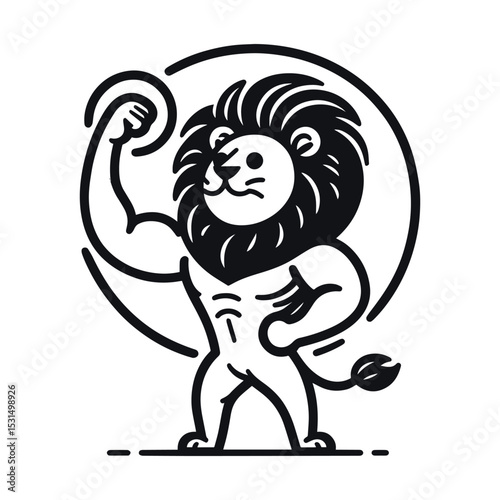Cartoon muscular lion flexing illustration on transparent background, vector