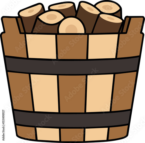 Wooden bucket filled with chopped firewood logs simple rustic illustration vector 