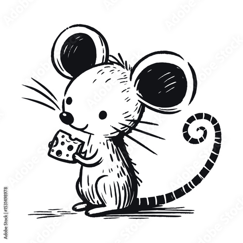 Cartoon mouse holding cheese illustration on transparent background, vector