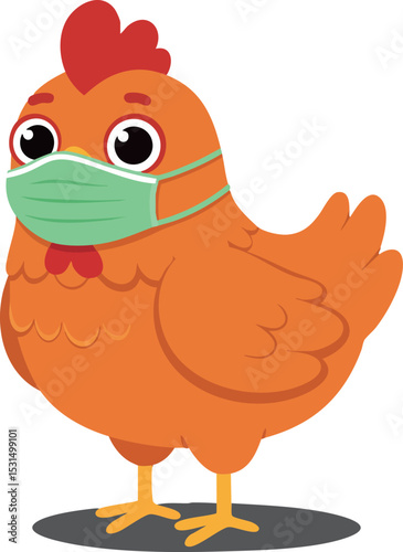 Chicken wearing green face mask standing cartoon vector illustration with orange and red colors 