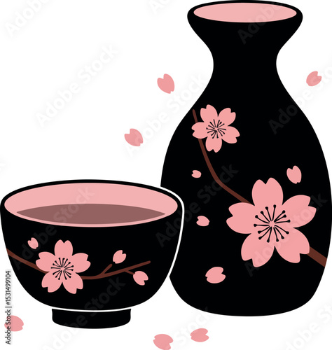 Japanese sake set with black and pink cherry blossom decorated cup and bottle vector illustration 