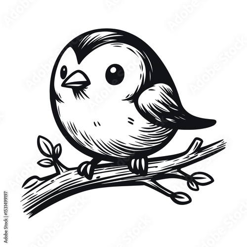 Cartoon bird perched on a branch illustration on transparent background, vector