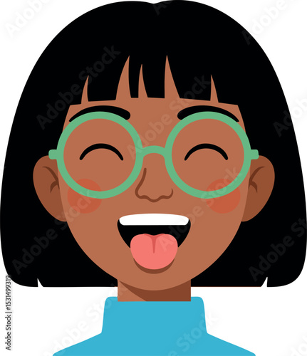 Happy girl with black hair and green glasses sticking out tongue vector illustration cheerful expression 