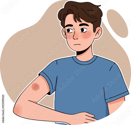 Young boy with arm rash wearing blue shirt vector illustration in modern style 