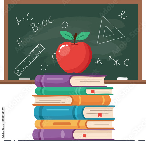 Stack of colorful books with red apple on top and chalkboard with science symbols vector illustration 