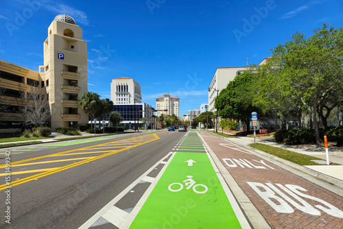 Bicycle lane at city traffic in Sarasota, Florida, promoting cyclist safety and environmentally friendly transportation