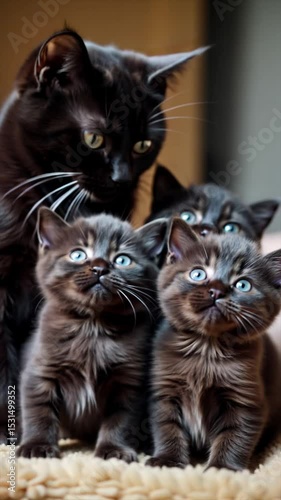 Cute black Mama Cat Sitting with Her Kittens bond of feline family life