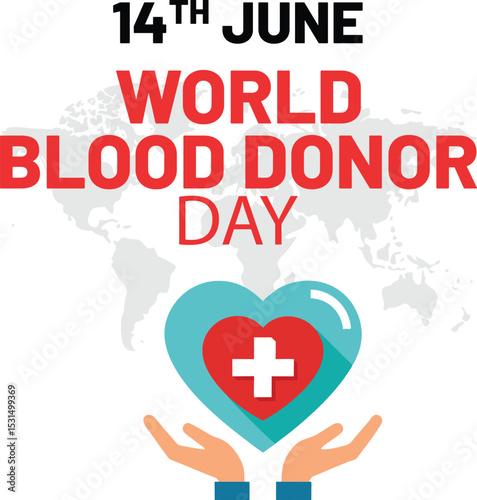 Colorful illustration of world blood donor day featuring heart and hands on white background