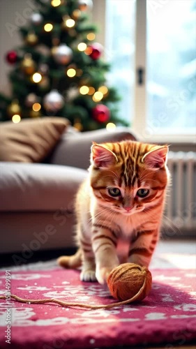 Cute Tabby Kitten by the Christmas Tree. The scene radiates holiday cheer, cozy domestic warmth