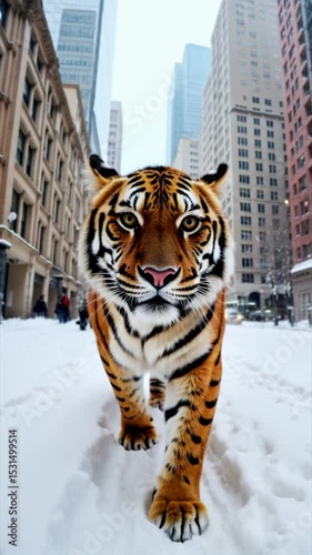 Bengal tiger walking down the street of a city with skyscrapers on a snowy day