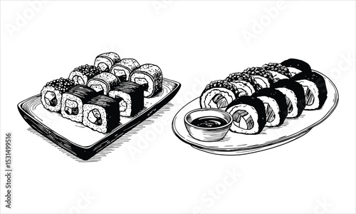 Hand-Drawn Sushi Rolls Platter Sketch - Traditional Japanese Food Illustration