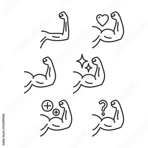 thin and strong hand icons, strength arm and skinny hand, bicep, power, muscle, flex, thin line symbols, icon set, vector illustration