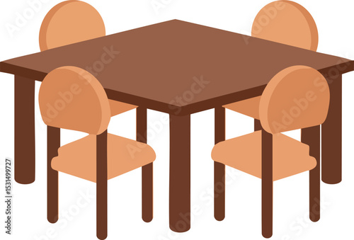 Brown wooden dining table with four orange chairs vector illustration 