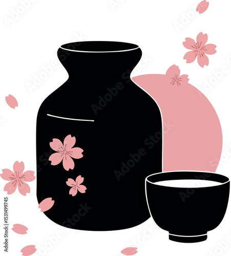 Japanese sake bottle with cup and cherry blossom petals with pink sun vector illustration 
