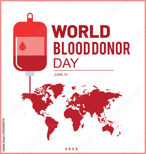 World blood donor day commemorative illustration featuring blood bag and world map symbolism