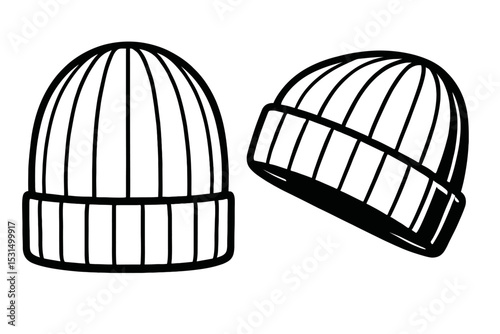 Black and White Beanie Hats Outline Vector Set - Winter Headwear Illustration