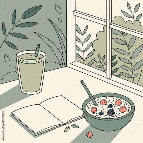 healthy breakfast on table with juice and notebook