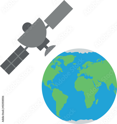 Satellite orbiting Earth globe vector illustration with blue and green colors 