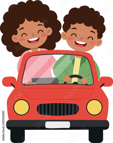 Two happy children driving red car smiling cheerful vector illustration 