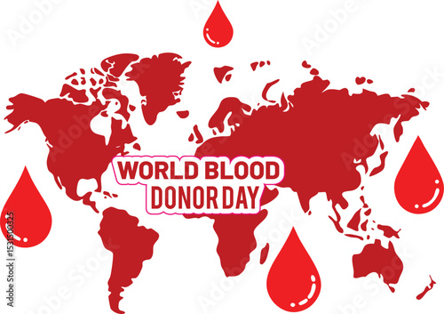 World blood donor day illustration featuring a world map and red blood drops graphic