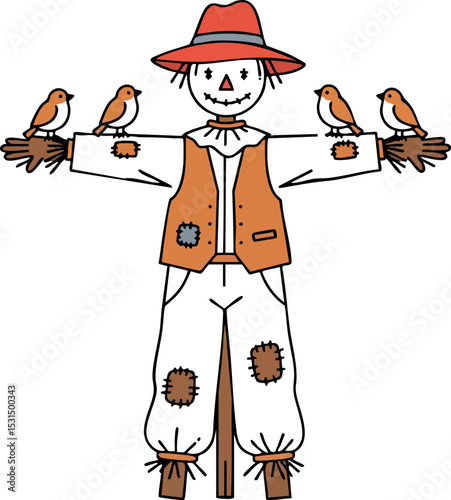 Scarecrow with Birds on Arms Wearing Red Hat and Brown Vest Vector Illustration 