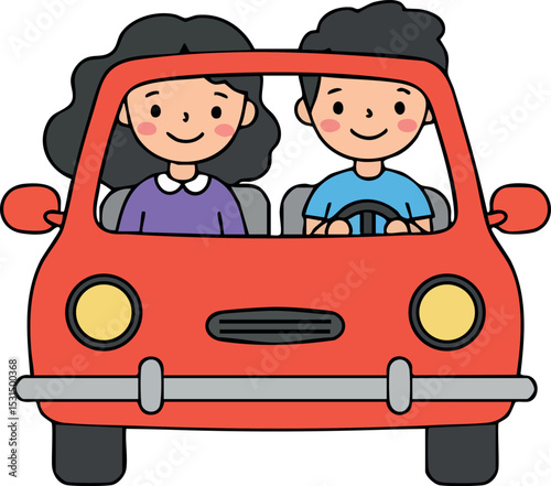 Couple Driving Red Car Front View Cartoon Vector Illustration for Travel and Lifestyle Concepts 