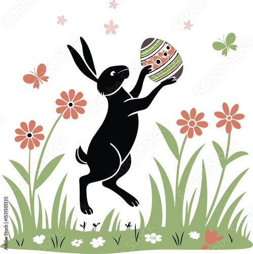 easter bunny holding egg in garden spring vector
