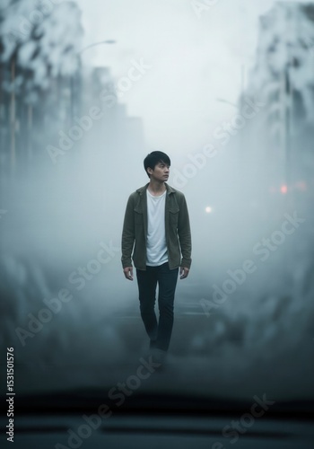 Man walking alone on a foggy city street with a thoughtful expression, perfect for illustrating urban solitude, introspection, emotional journey and moody lifestyle concepts