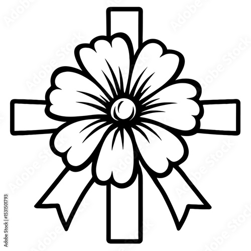 Remembrance Day Cross with Poppy Flower Vector - Black and White Memorial Symbol