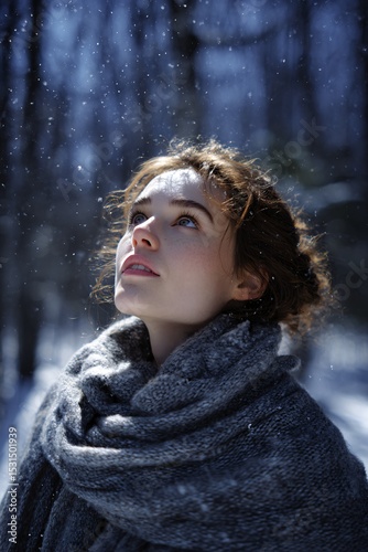 Young Woman Embracing Winter in Serene Snowfall with Wonder and Warmth