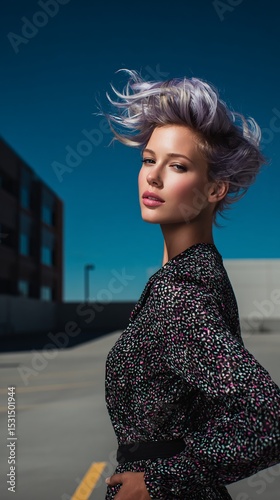 Striking Hair Model in Urban Setting with Elegant Pose and Chic Outfit