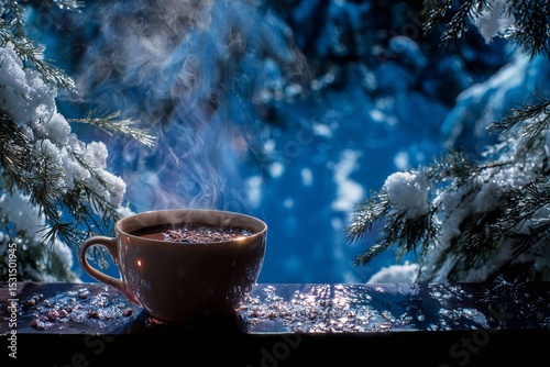 Steaming Hot Cocoa in Serene Winter Forest with Snow-Covered Pines