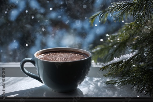 Steaming Mug of Hot Cocoa on a Winter Window Sill with Snowy View