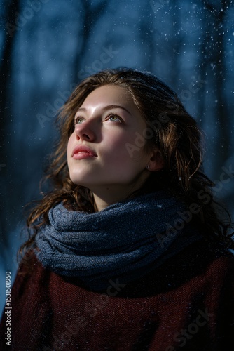 Young Woman in Forest Gazing Upwards with Snowflakes on a Winter Day