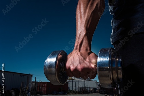 Strong Hand Gripping Dumbbell Outdoors in Industrial Setting During Workout