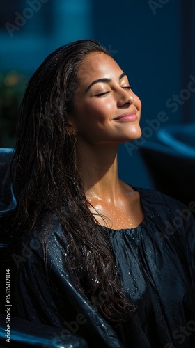 Young Woman Enjoying Relaxation with Wet Hair and Serene Smile Outdoors